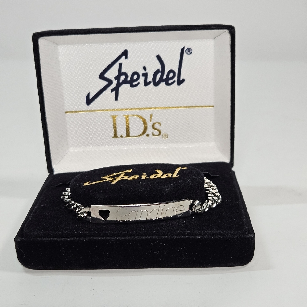 ID Bar Bracelet Speidel USA Brushed Silver Engraved "Candice"